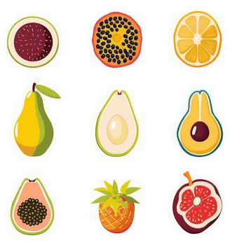 Colorful slices and whole fruits, a variety of tropical and common fruits. png