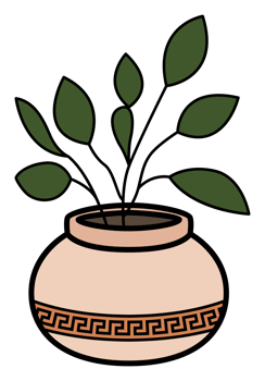 Potted plant with green leaves in a round terracotta vase with decorative Greek-style pattern. Perfect for home decor, boho, or botanical themes. png