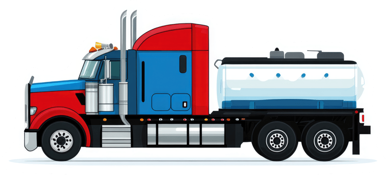 A large, red and blue semi-truck with a water tank. png