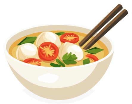 A bowl of flavorful soup with meatballs, tomatoes, and herbs. png