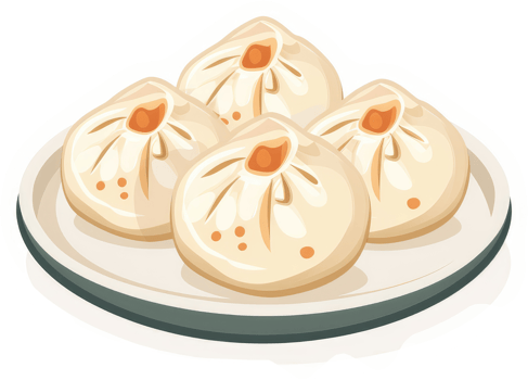 A plate of delicious, steamed, savory buns. png