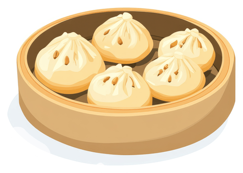 Steamed buns, or baozi, in a bamboo steamer basket. png