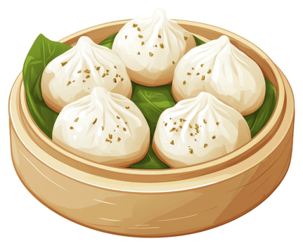 Steamed dumplings arranged in a bamboo steamer basket. png