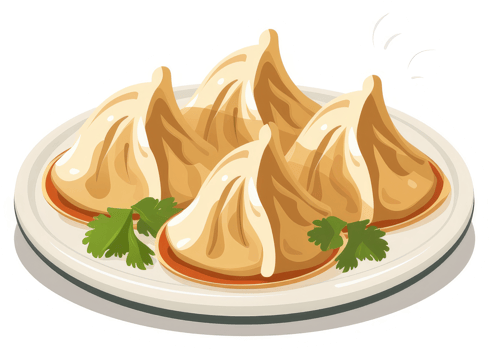 A plate of delicious-looking steamed dumplings, garnished with fresh cilantro. png
