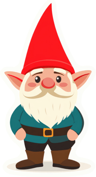 A friendly cartoon gnome wearing a red hat and teal jacket. png