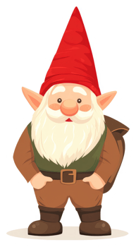 A cheerful gnome with a conical red hat and a sack. png