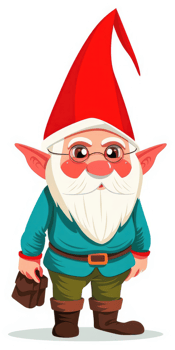 A cartoon gnome with a red hat, glasses, and a satchel. png