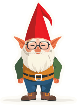 A cheerful garden gnome with a red hat, glasses, and a white beard. png