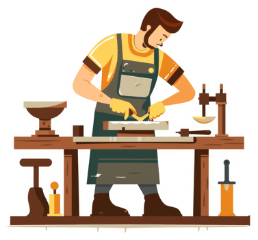 A skilled artisan meticulously works metal at a wooden workbench. png