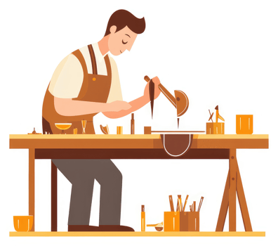 A craftsman meticulously works on a piece of art at his workbench. png