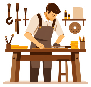 A carpenter meticulously works on a wooden piece at his workbench. png