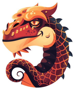 A stylized illustration of a fiery dragon head and neck. png