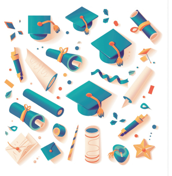A celebratory graduation design featuring academic paraphernalia. png