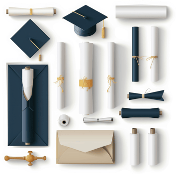 Graduation accessories, including diplomas, caps, and envelopes. png