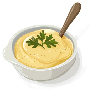 Creamy yellow dip in a white bowl with a wooden spoon. png