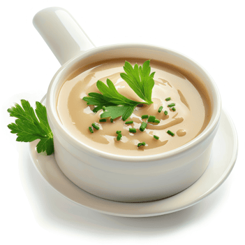 Creamy, garnished soup in a white bowl. png