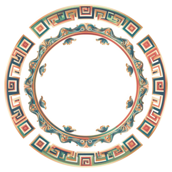 Ornate circular decorative border in various colors and geometric patterns. png