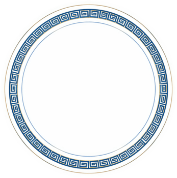 A round white plate with a decorative blue and gold greek key border. png