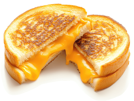 A close-up view of a melted cheese grilled sandwich. png