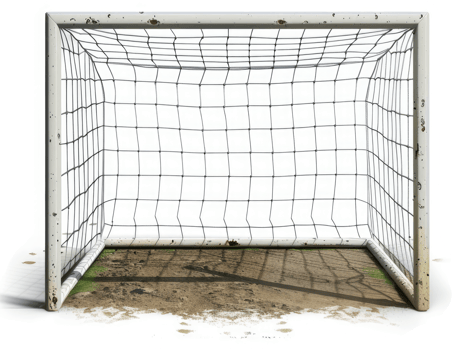 An empty, weathered soccer goal on a dirt field. png