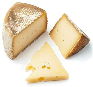 Two slices of aged cheese, one hard and one soft, displayed on a white background. png