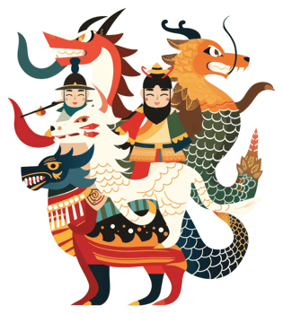 A vibrant illustration of mythical creatures in a colorful asian style. png