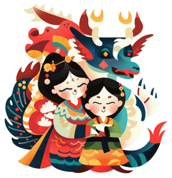Two women embraced by a colorful dragon, a vibrant illustration of harmony and tradition. png