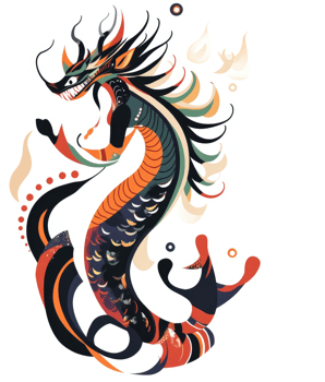 A vibrant, stylized dragon with intricate details. png