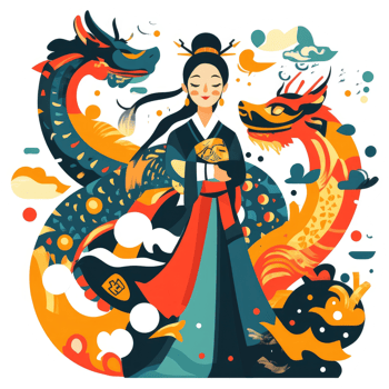 A serene asian woman surrounded by majestic dragons, a vibrant display of asian art. png