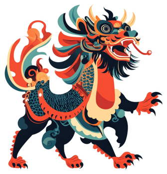 A vibrant stylized illustration of a mythical lion-dragon creature. png