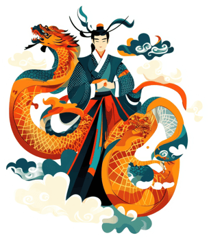 A stylized illustration of a mythical asian figure with a dragon. png