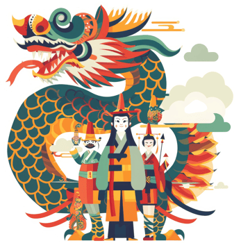 A vibrant illustration of a dragon and figures in traditional attire. png