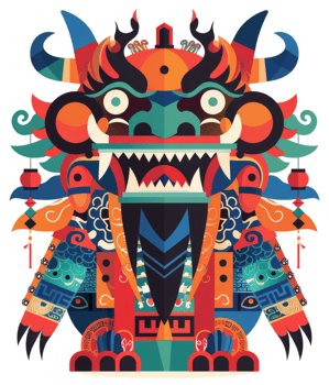 A vibrant, stylized, multi-colored depiction of a fantastical dragon-like creature. png