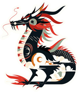 A stylized, colorful illustration of a mythical dragon, showcasing a bold fusion of design elements. png