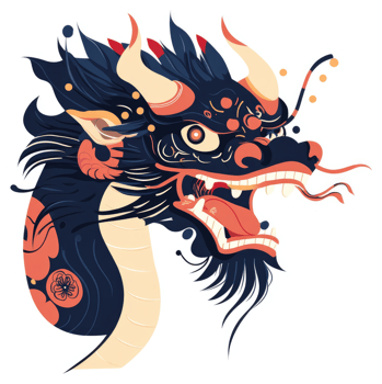 An ornate illustration of a powerful dragon head. png