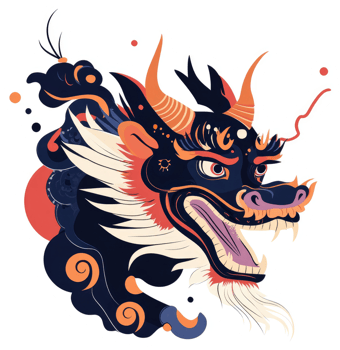 A stylized illustration of a fierce, mythical dragon head. png