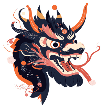 A stylized illustration of a fierce chinese dragon head. png