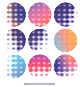 A collection of gradient halftone circles in vibrant colors. png