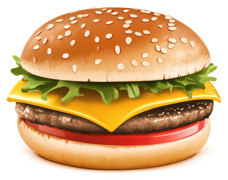 A delicious cheeseburger with sesame seed bun, lettuce, tomato, and melted cheese. png