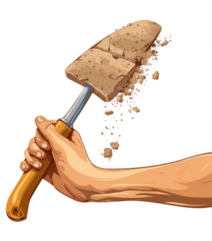 A hand holding a shovel, excavating and revealing fragmented earth. png