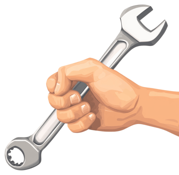A hand holding a wrench, ready for use. png