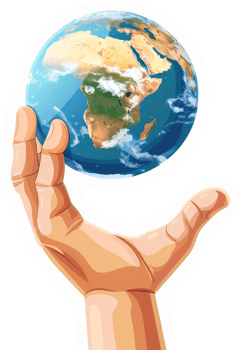 A caring hand holds the earth, symbolizing global responsibility. png