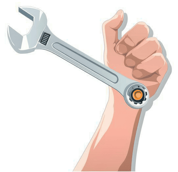 A hand using a wrench to fix a part. png