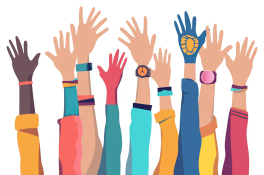 Many diverse hands raised in a gesture of participation. png