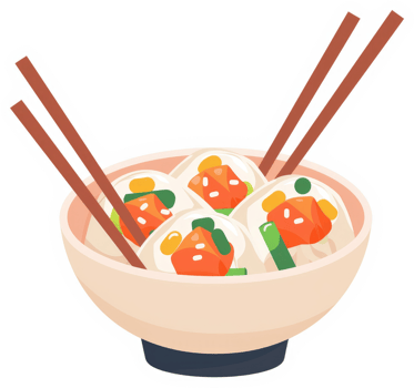 A bowl of colorful sushi rolls with chopsticks. png