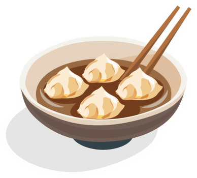 A bowl of delicious dumplings in a savory broth. png