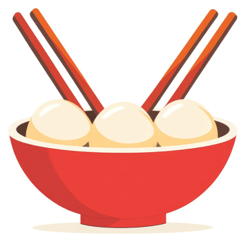 A red bowl of dumplings with chopsticks. png