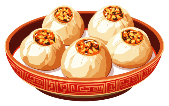 A plate of delicious steamed buns filled with savory ingredients. png