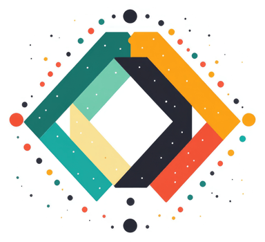 A vibrant, geometric design composed of overlapping colorful shapes. png