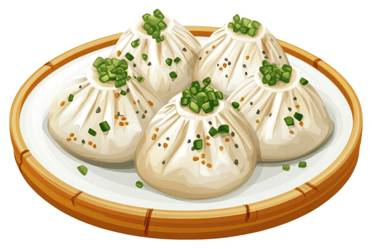 A plate of steamed bao buns topped with scallions. png